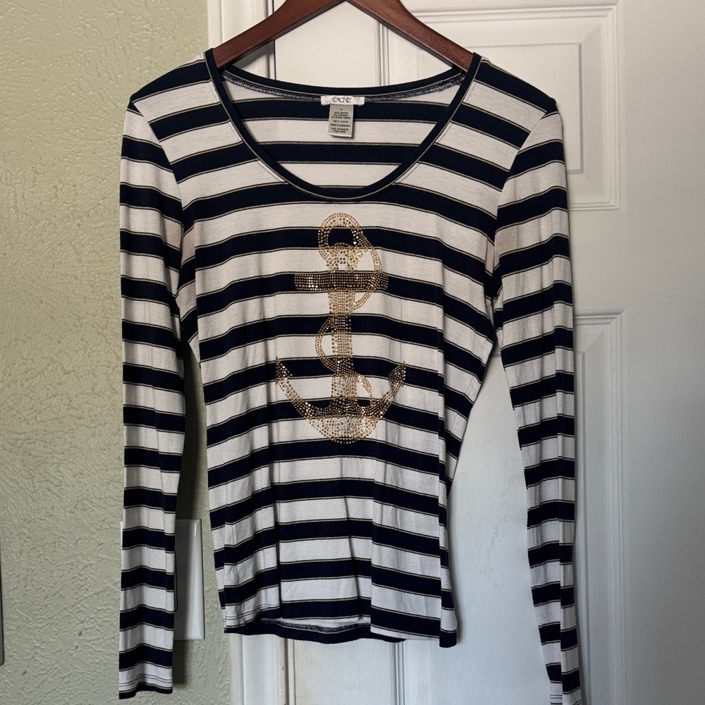 Cache Blue and White Striped Long Sleeve Tee with Gold Anchor